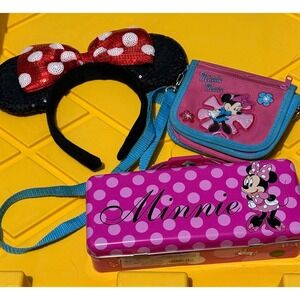 Minnie Mouse ears, pencil box and crossbody‎ purse bundle.